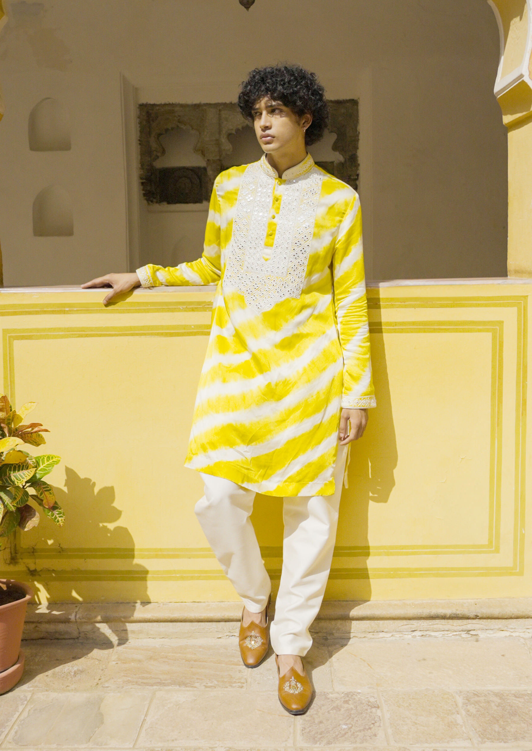 Twamev Men Elegant Yellow and Cream Satin Kurta Pajama