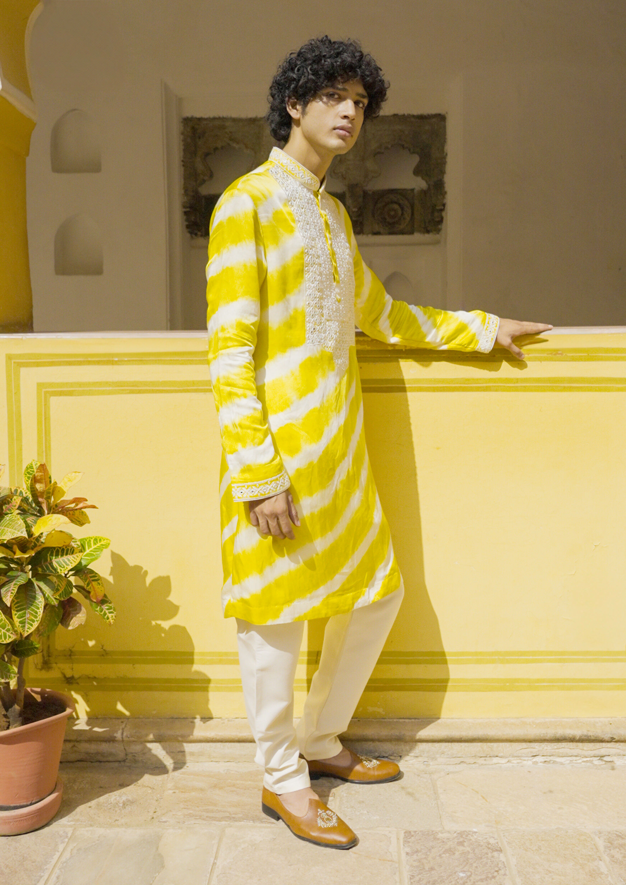 Twamev Men Elegant Yellow and Cream Satin Kurta Pajama