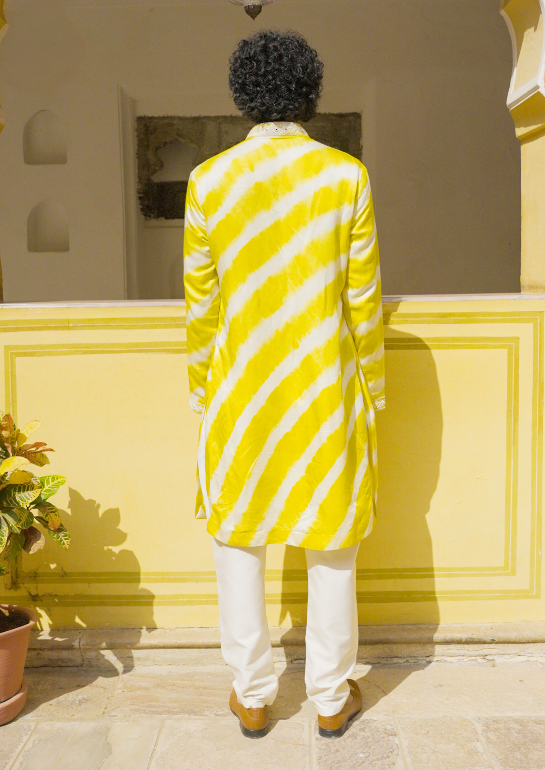 Twamev Men Elegant Yellow and Cream Satin Kurta Pajama