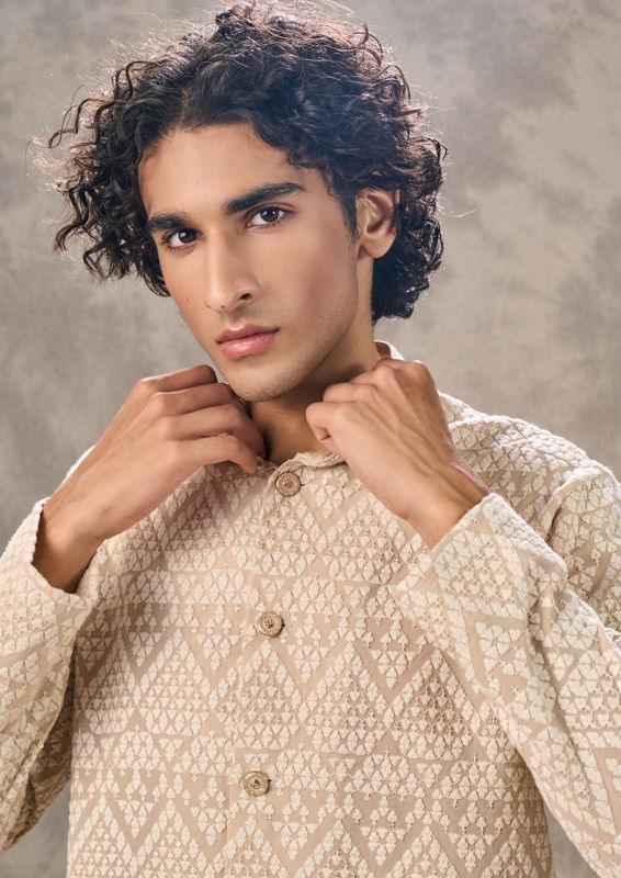 Twamev Men Beige Georgette Elegance Kurta Pant