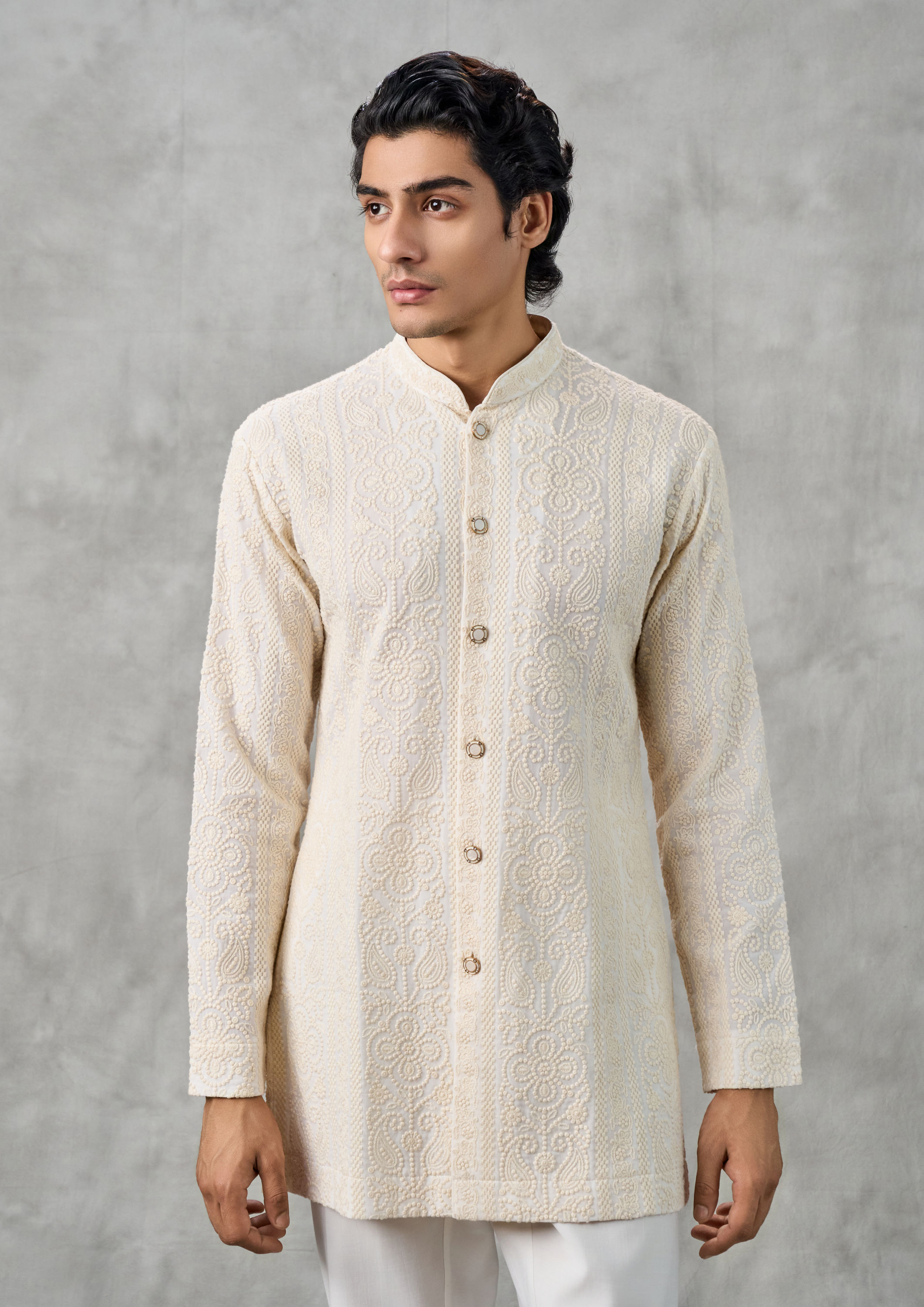 Twamev Men Georgette Cream Elegance Kurta Pant