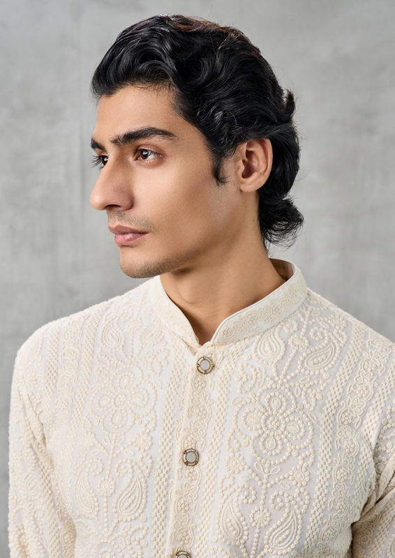 Twamev Men Georgette Cream Elegance Kurta Pant