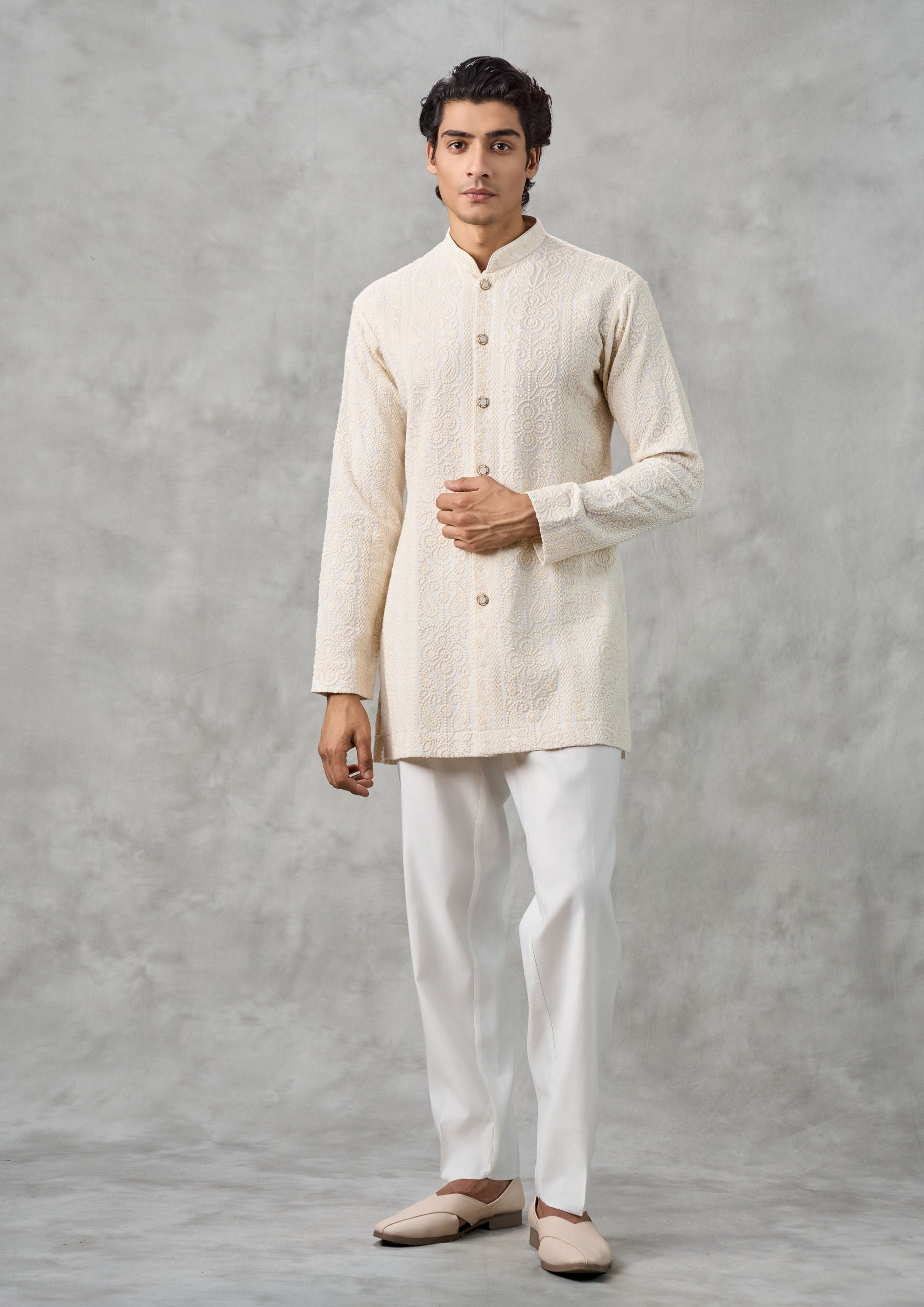 Twamev Men Georgette Cream Elegance Kurta Pant