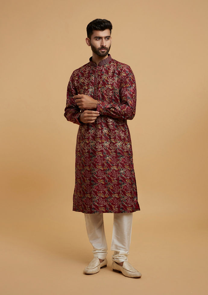Twamev Men Elegant Maroon Kurta Pajama Set