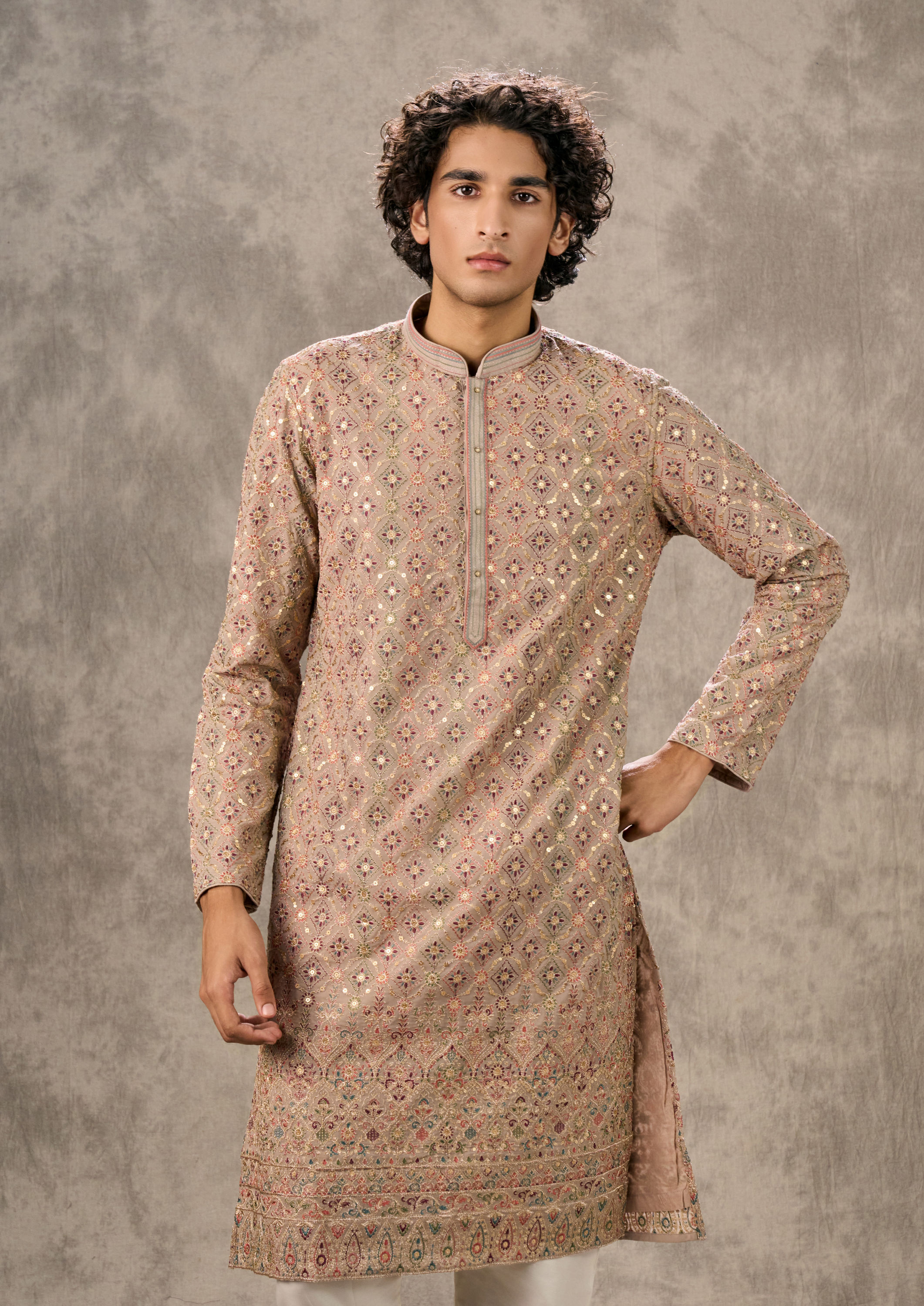 Twamev Men Fawn Georgette Kurta Churidar