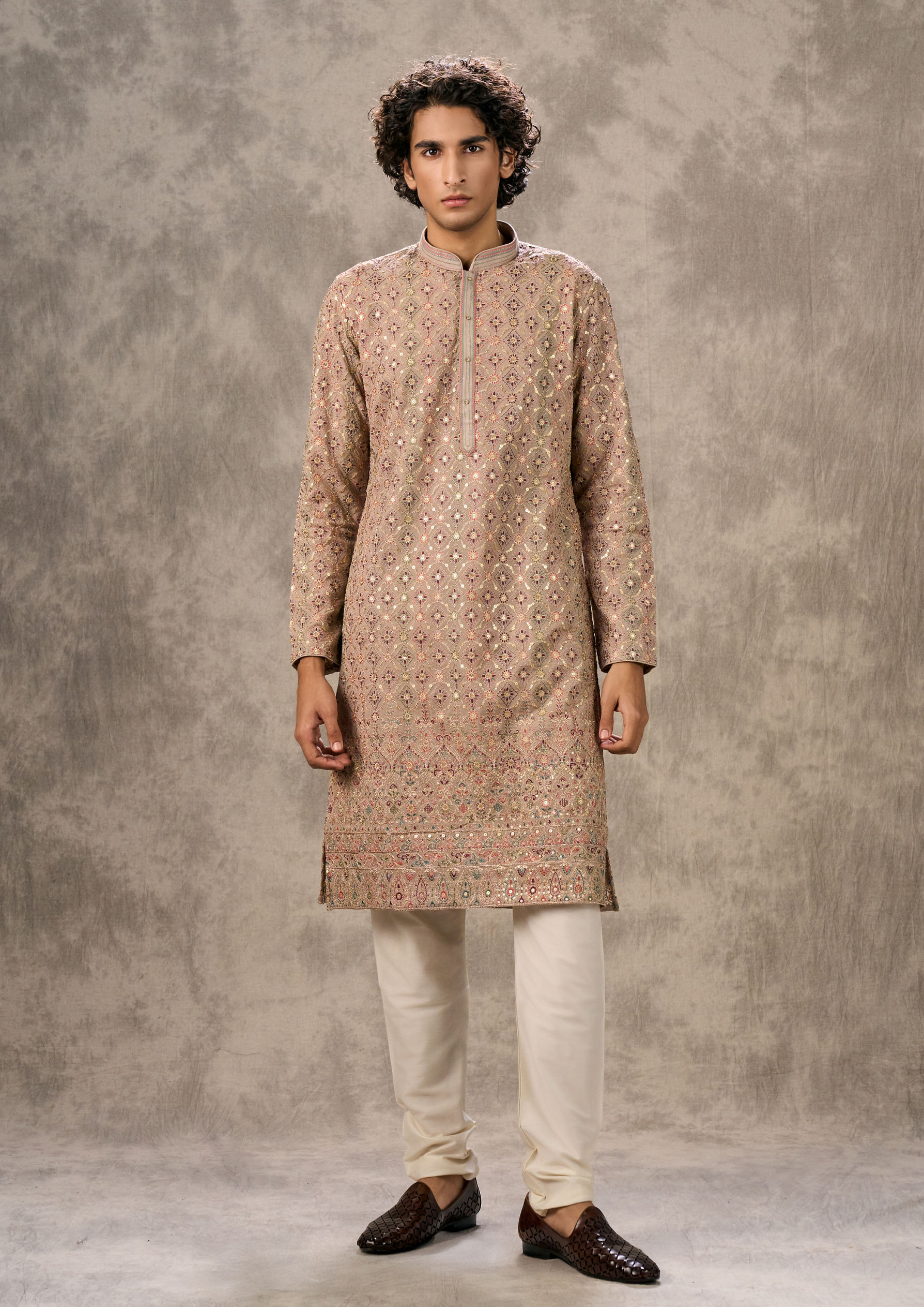 Twamev Men Fawn Georgette Kurta Churidar