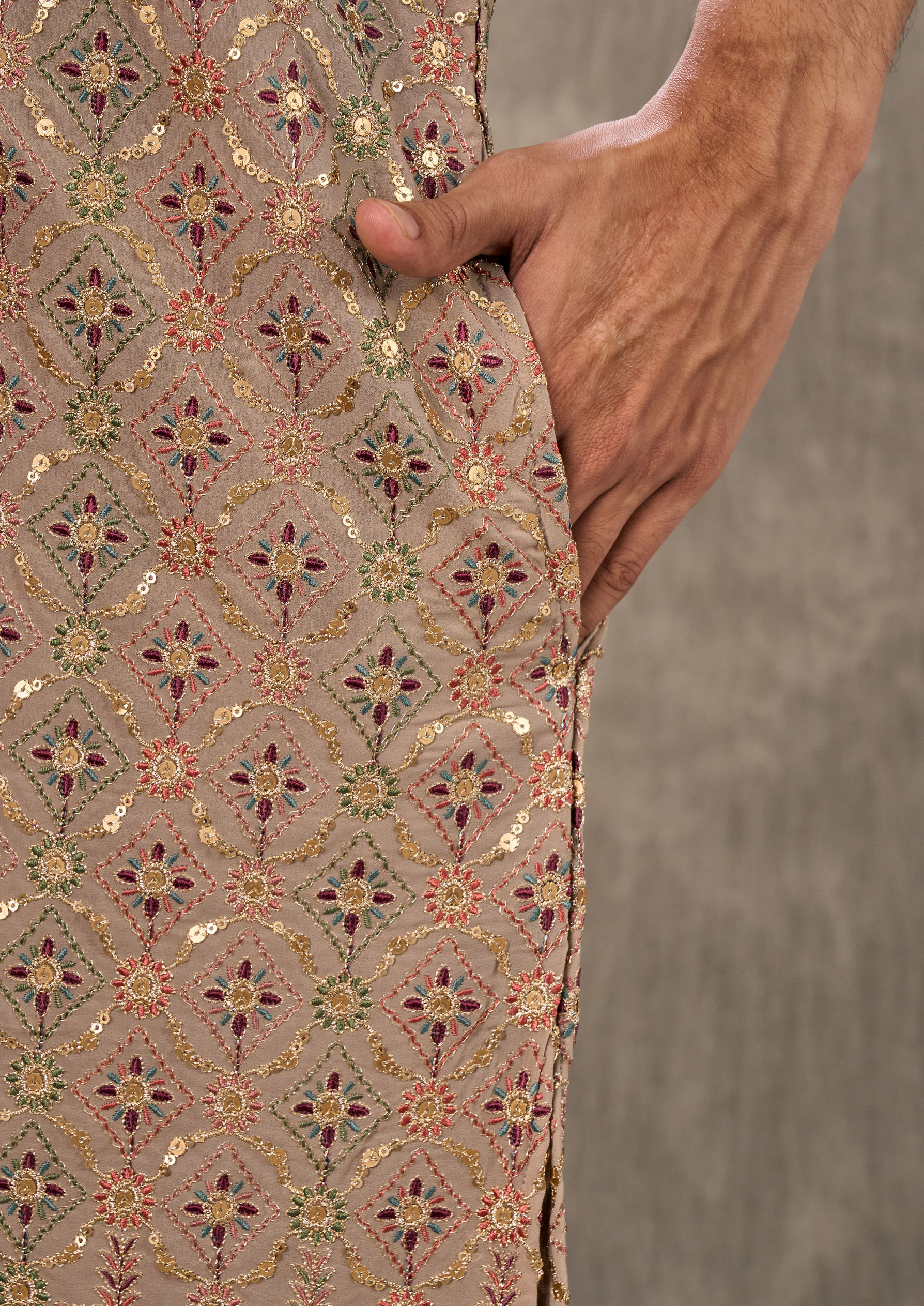 Twamev Men Fawn Georgette Kurta Churidar