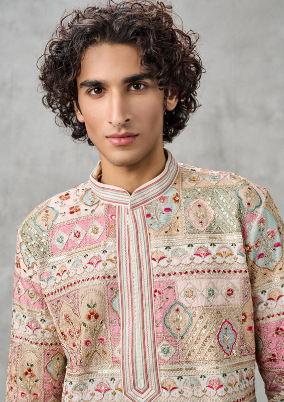 Twamev Men Cream Georgette Elegance Kurta Churidar