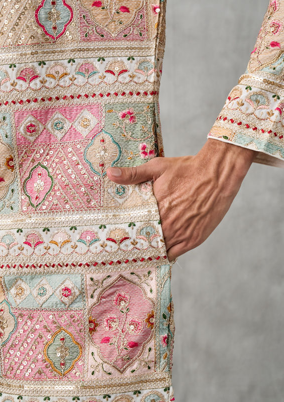 Twamev Men Cream Georgette Elegance Kurta Churidar