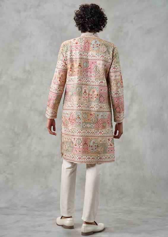 Twamev Men Cream Georgette Elegance Kurta Churidar