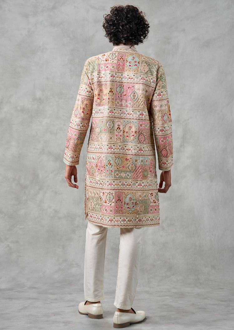 Twamev Men Cream Georgette Elegance Kurta Churidar