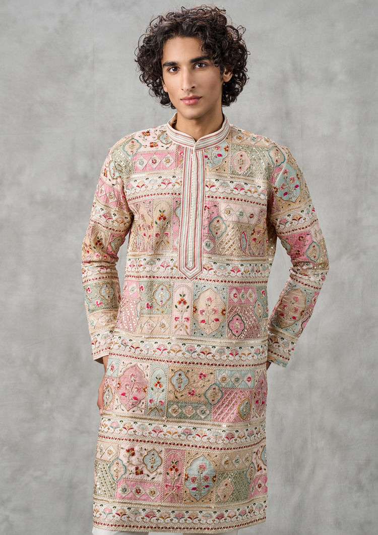 Twamev Men Cream Georgette Elegance Kurta Churidar