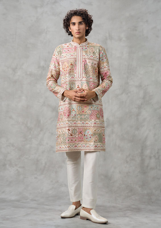 Twamev Men Cream Georgette Elegance Kurta Churidar