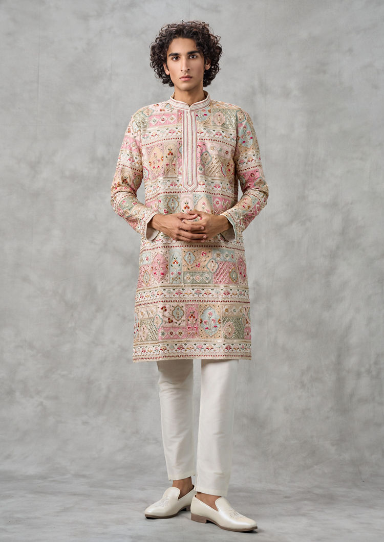 Twamev Men Cream Georgette Elegance Kurta Churidar