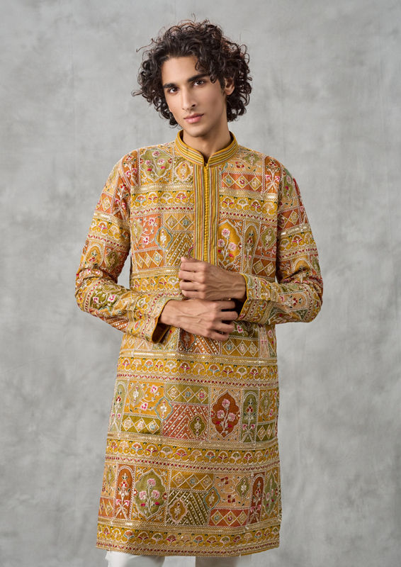 Twamev Men Radiant Mustard Georgette Kurta Churidar