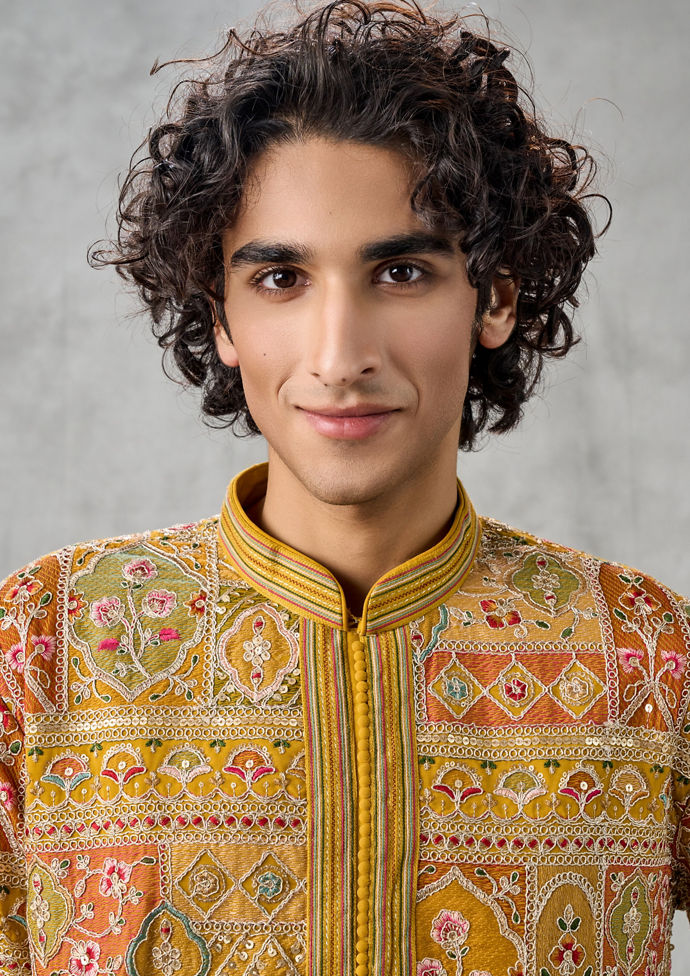 Twamev Men Radiant Mustard Georgette Kurta Churidar