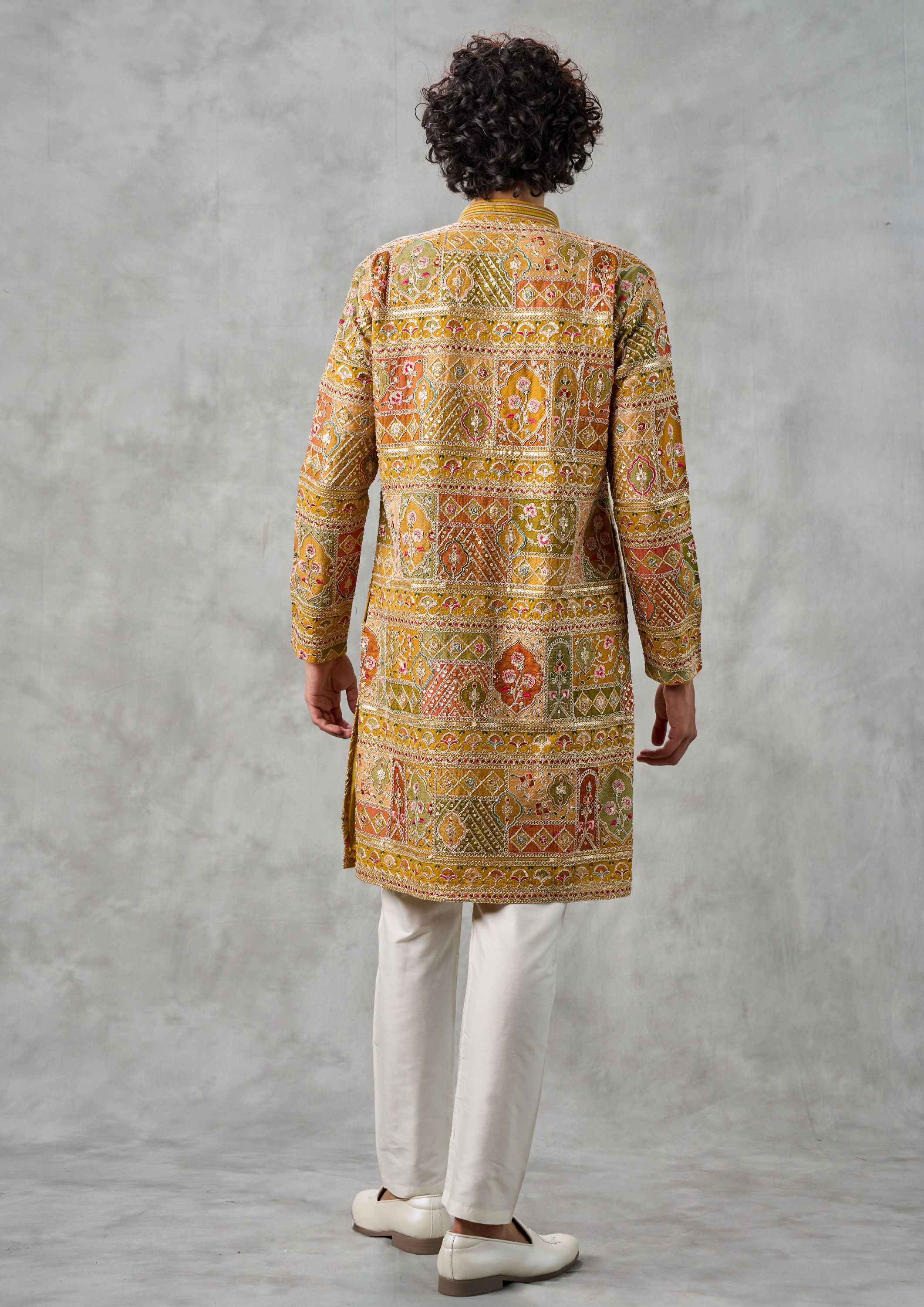 Twamev Men Radiant Mustard Georgette Kurta Churidar