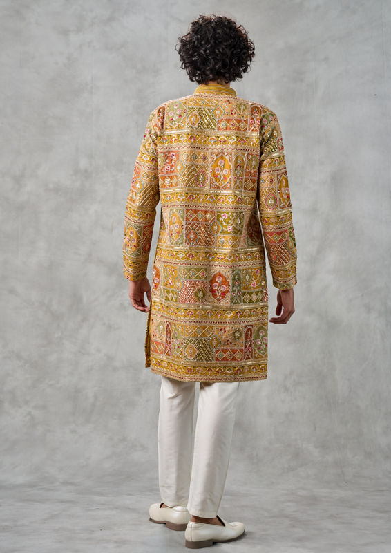 Twamev Men Radiant Mustard Georgette Kurta Churidar