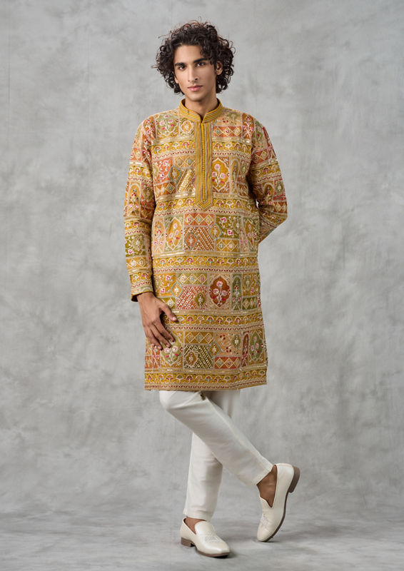 Twamev Men Radiant Mustard Georgette Kurta Churidar