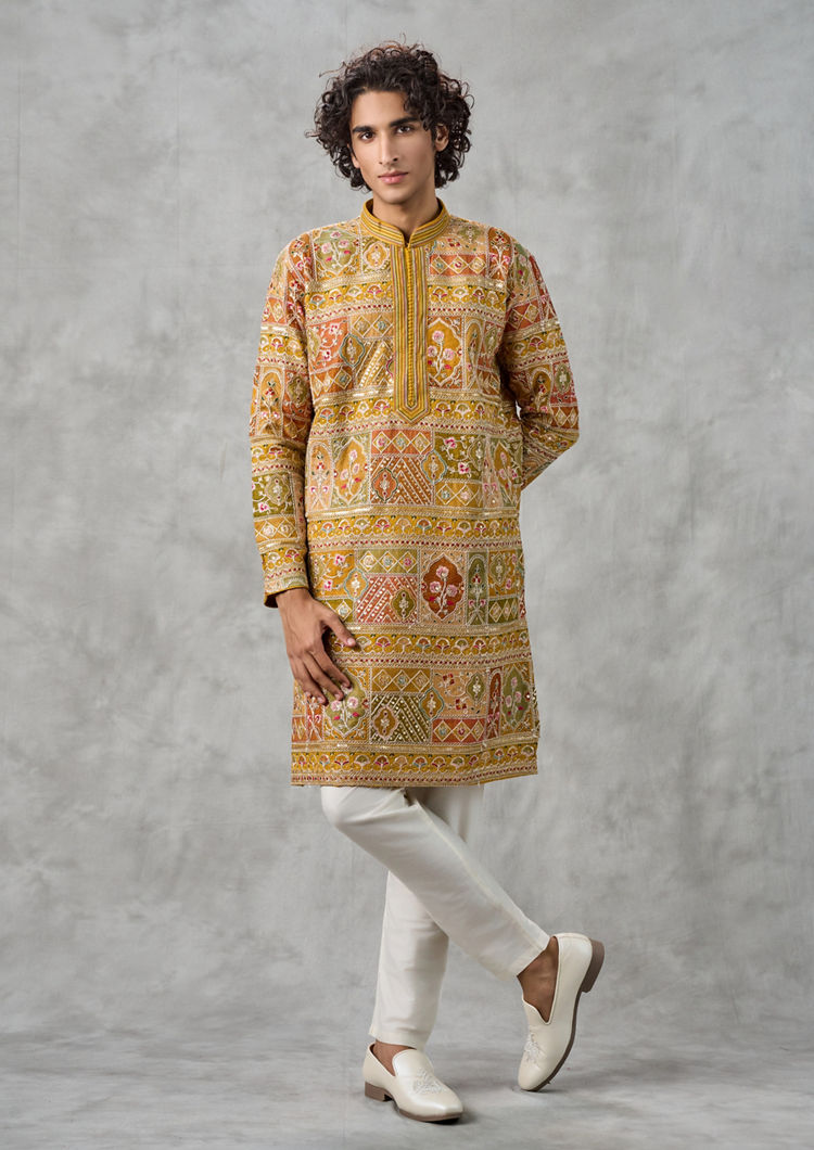 Twamev Men Radiant Mustard Georgette Kurta Churidar
