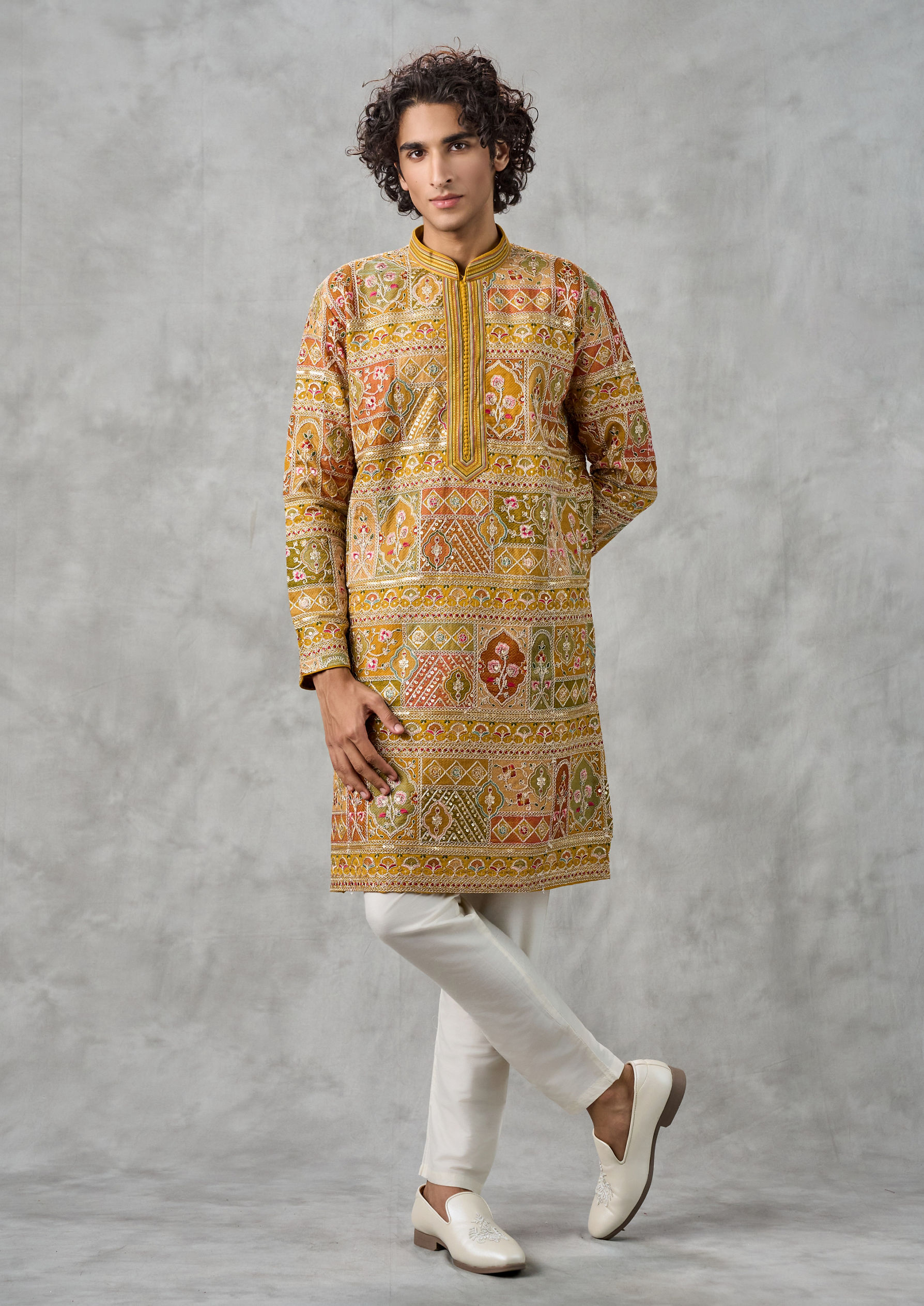 Twamev Men Radiant Mustard Georgette Kurta Churidar
