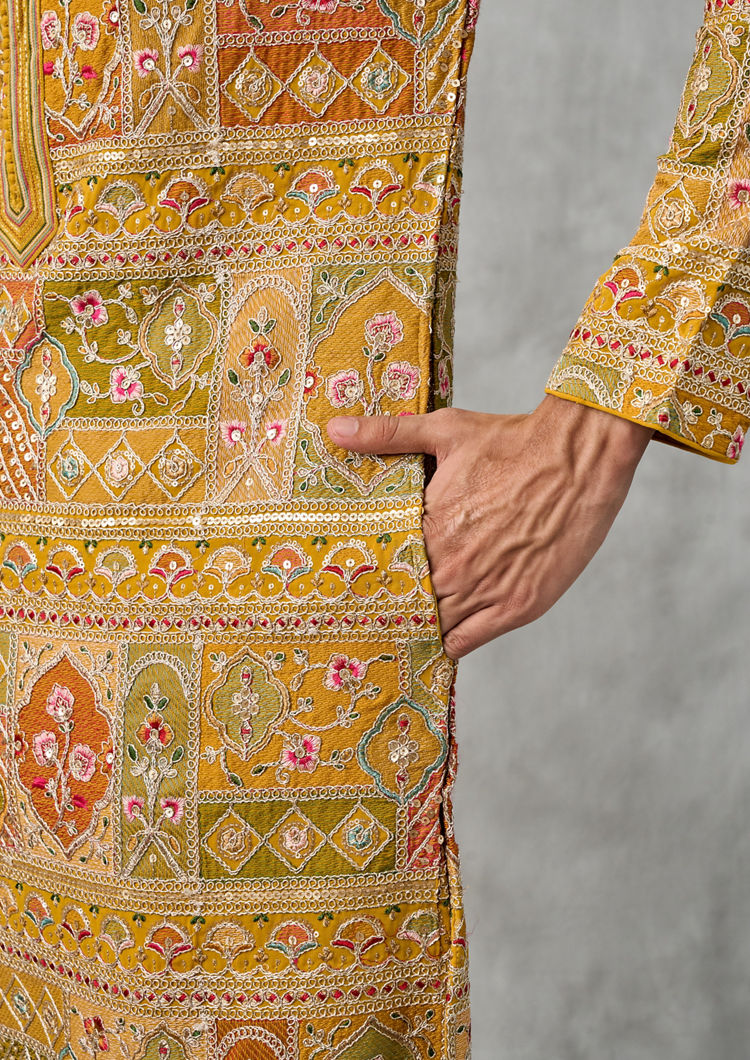 Twamev Men Radiant Mustard Georgette Kurta Churidar