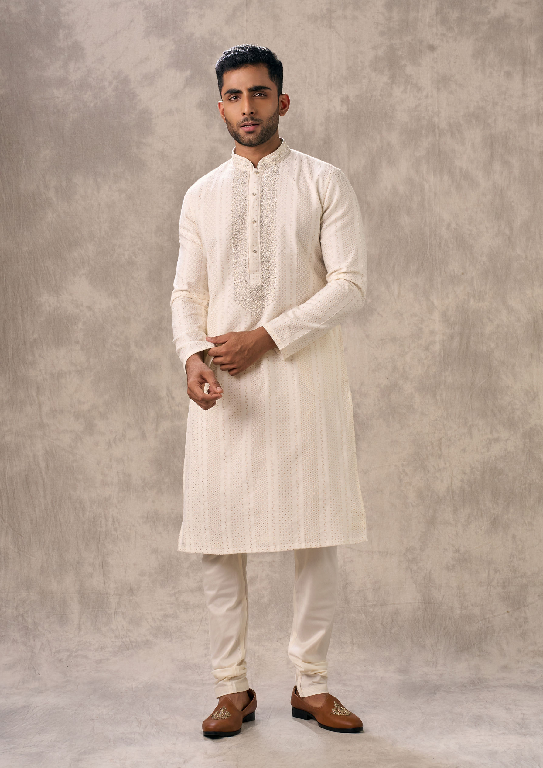 Twamev Men Elegant Cream Kurta Churidar
