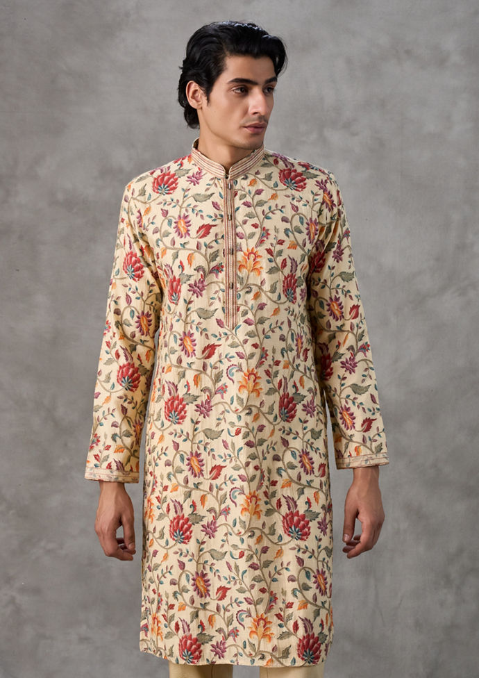 Twamev Men Beige Silk Heritage Print Kurta Set