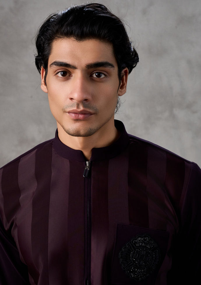 Twamev Men Wine Silk Striped Kurta Set