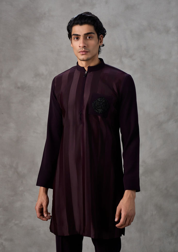 Twamev Men Wine Silk Striped Kurta Set