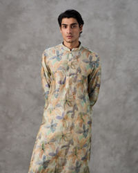 Twamev Men Pistachio Silk Botanical Print Kurta Set