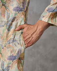 Twamev Men Pistachio Silk Botanical Print Kurta Set