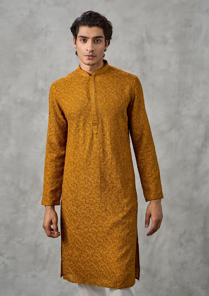Twamev Men Golden Mustard Kurta Churidar