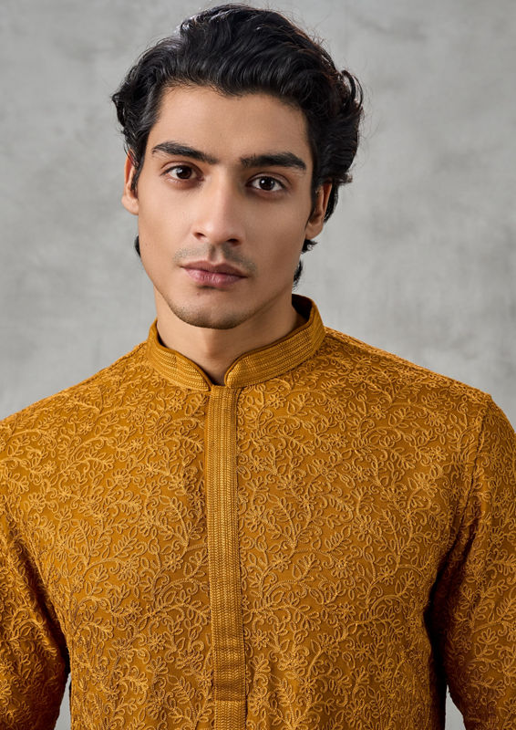 Twamev Men Golden Mustard Kurta Churidar
