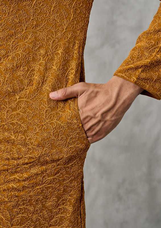 Twamev Men Golden Mustard Kurta Churidar