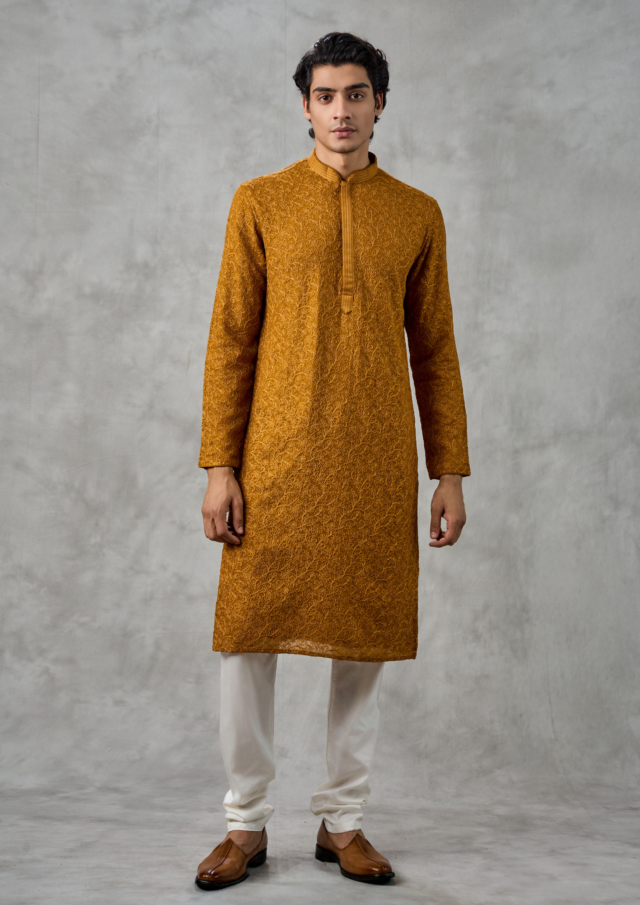 Twamev Men Golden Mustard Kurta Churidar