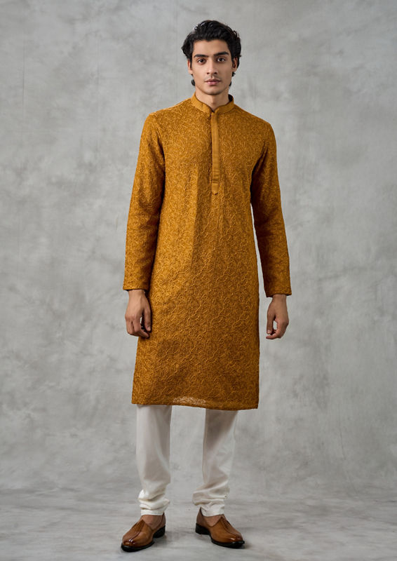 Twamev Men Golden Mustard Kurta Churidar