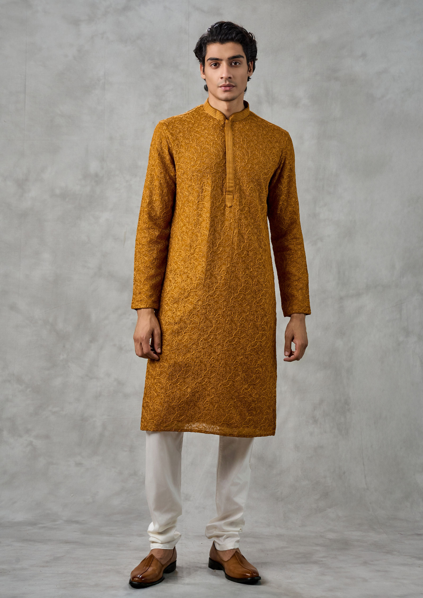 Twamev Men Golden Mustard Kurta Churidar