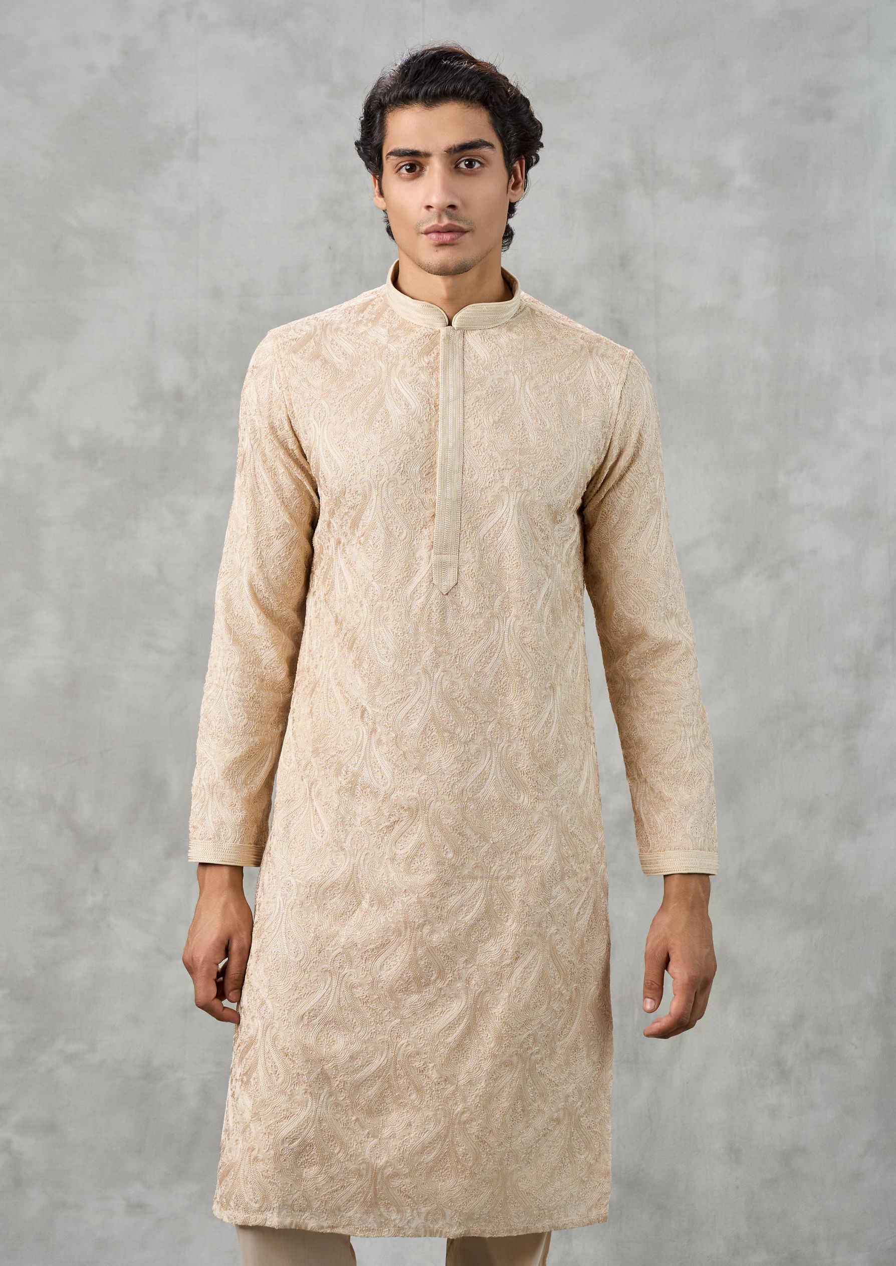 Twamev Men Beige Georgette Party Wear Kurta Churidar