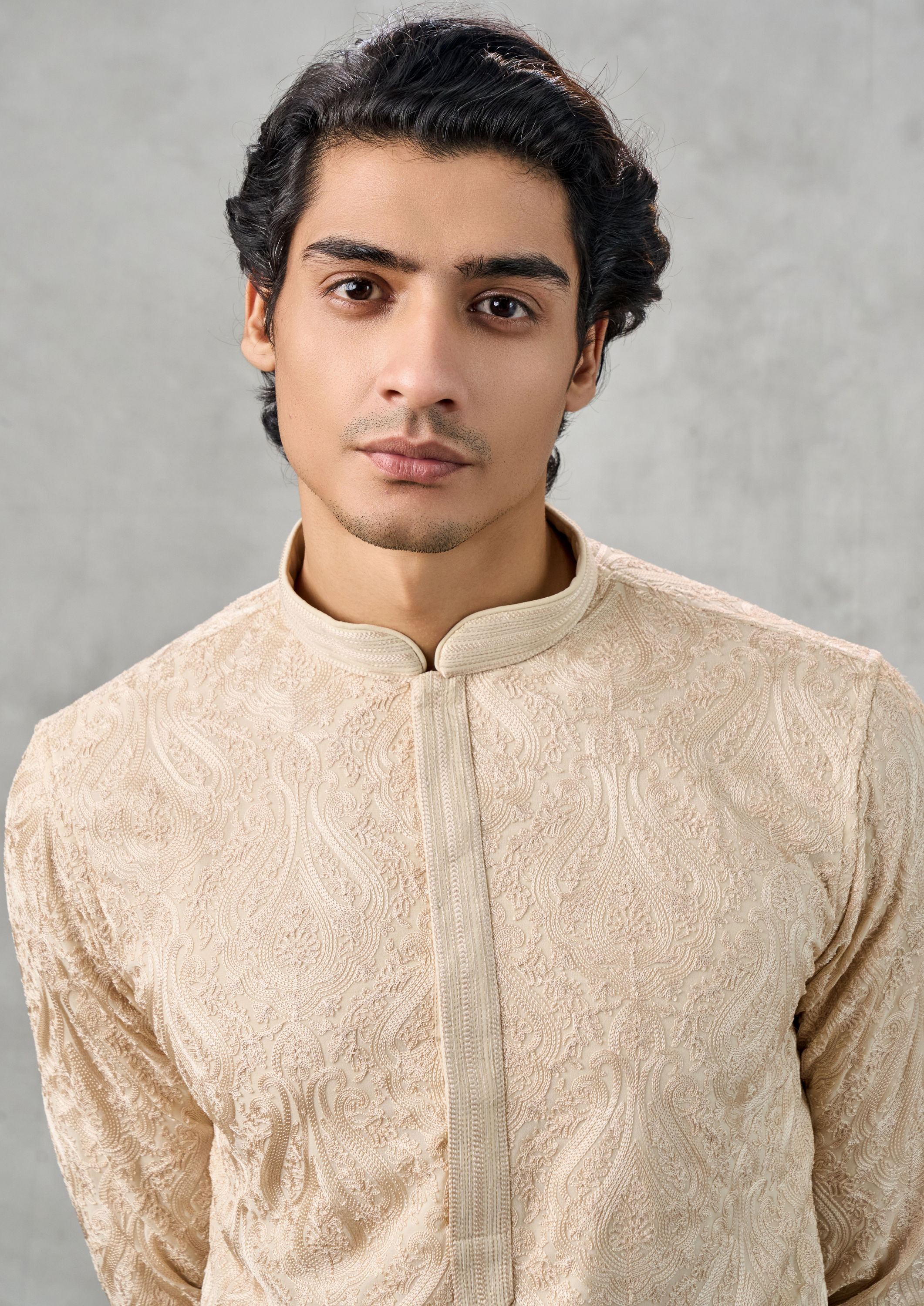 Twamev Men Beige Georgette Party Wear Kurta Churidar