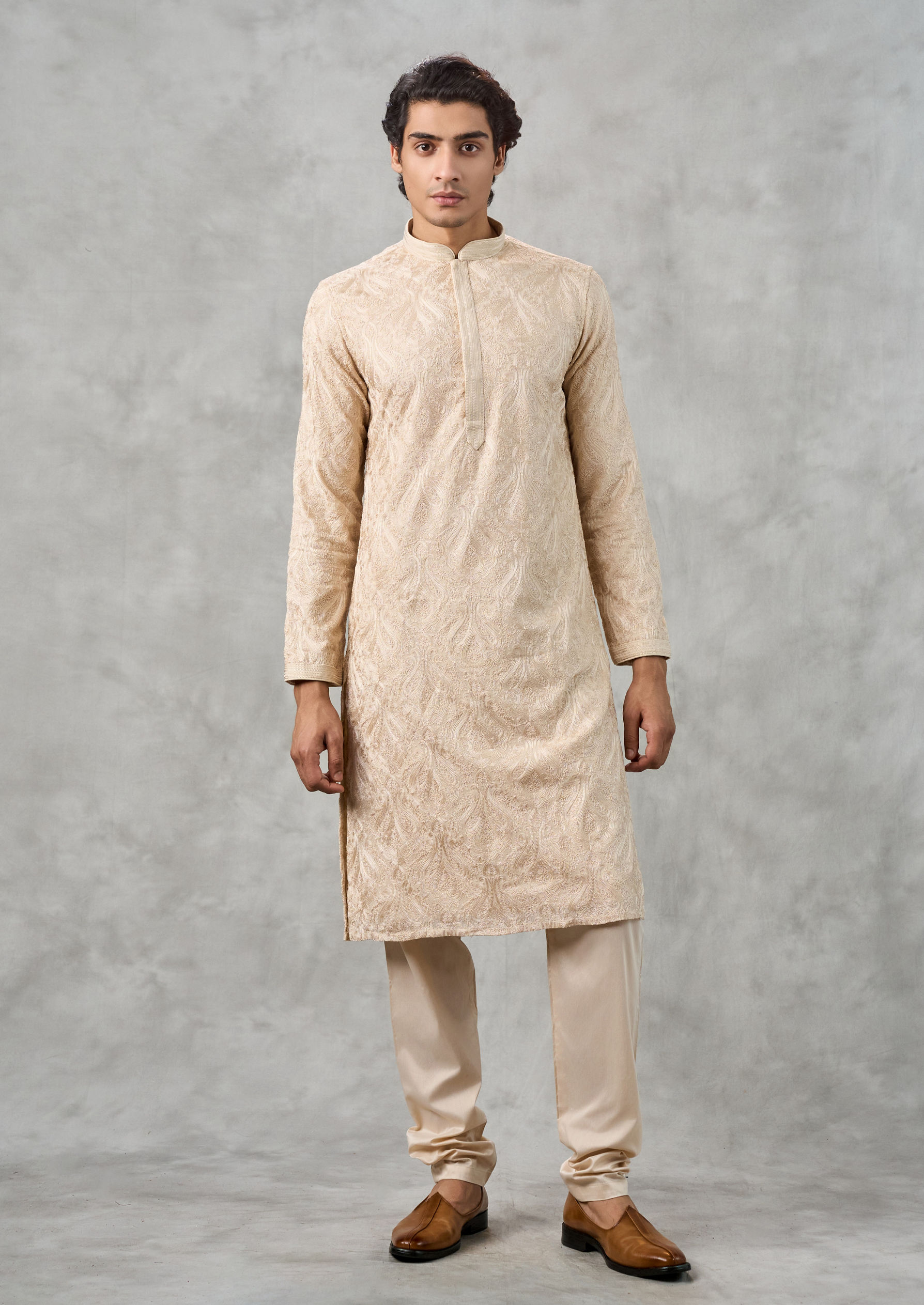 Twamev Men Beige Georgette Party Wear Kurta Churidar