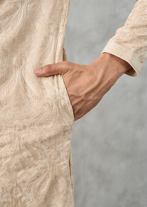 Twamev Men Beige Georgette Party Wear Kurta Churidar