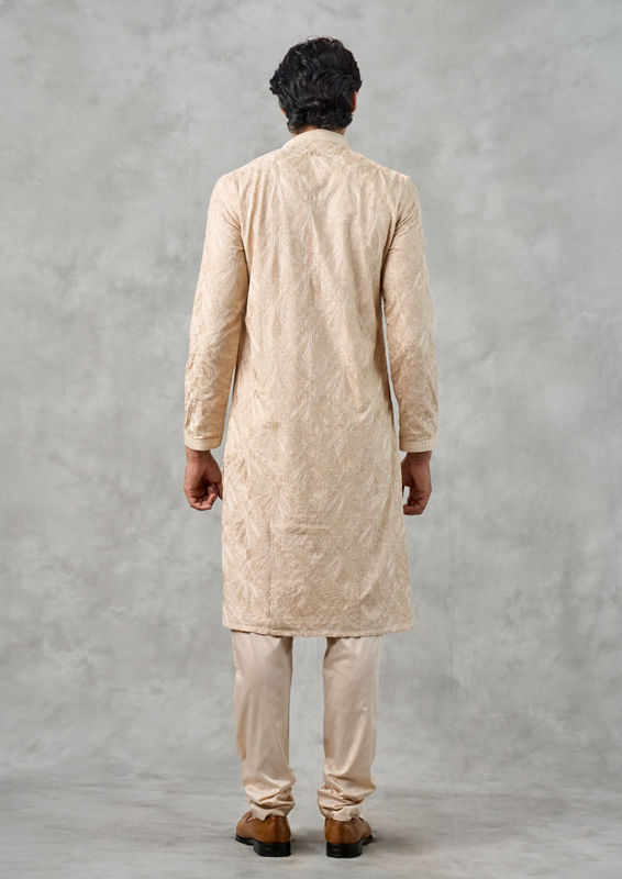 Twamev Men Beige Georgette Party Wear Kurta Churidar