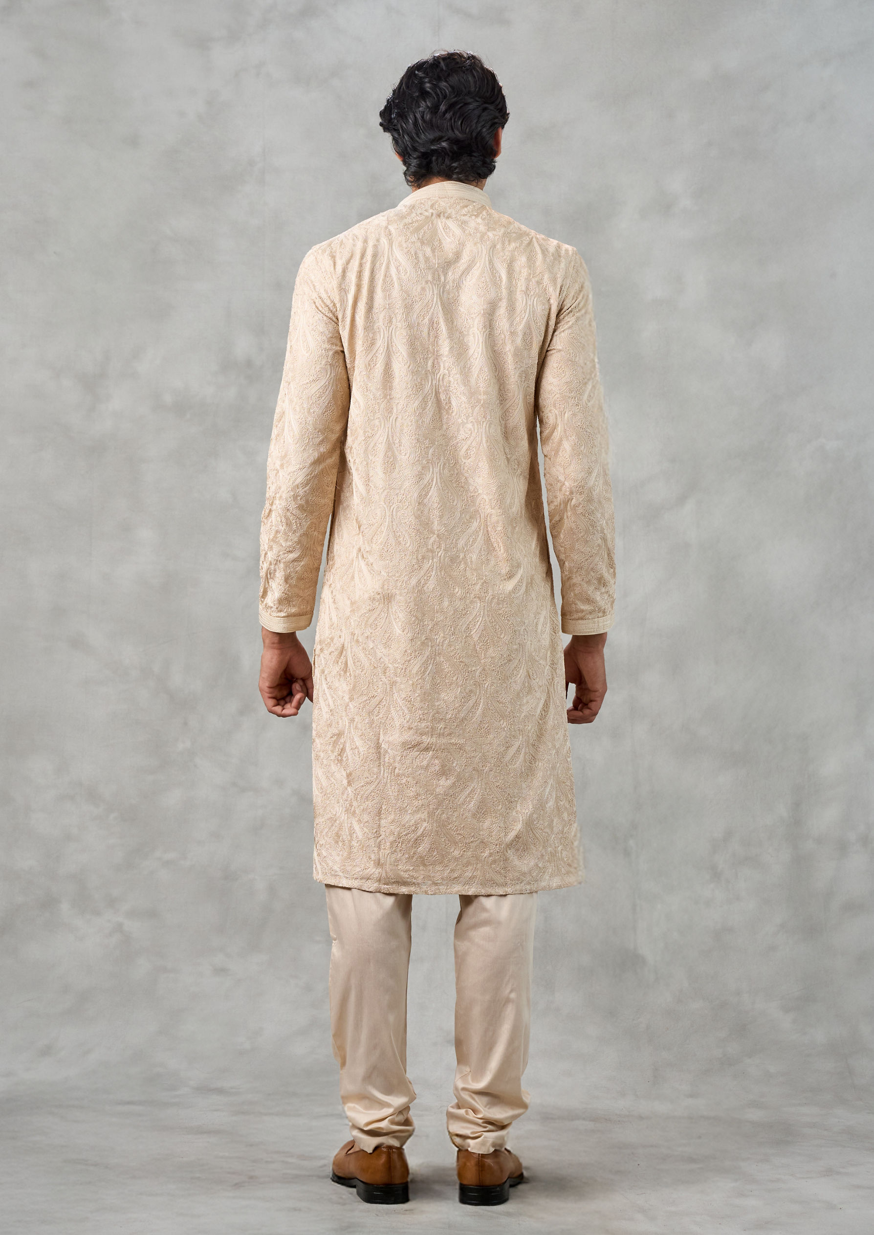 Twamev Men Beige Georgette Party Wear Kurta Churidar