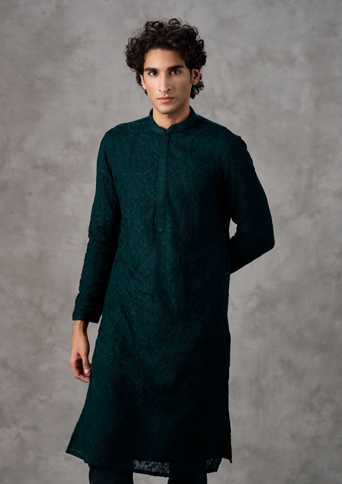 Twamev Men Emerald Georgette Tonal Embroidered Kurta Set