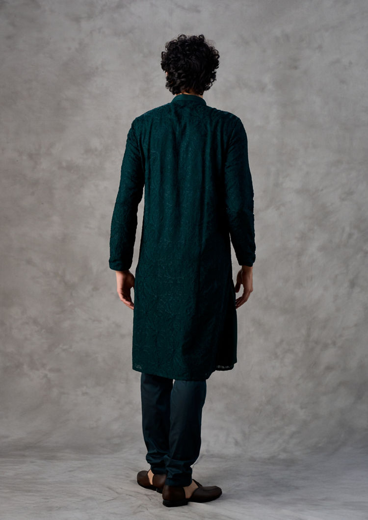 Twamev Men Emerald Green Georgette Kurta Churidar