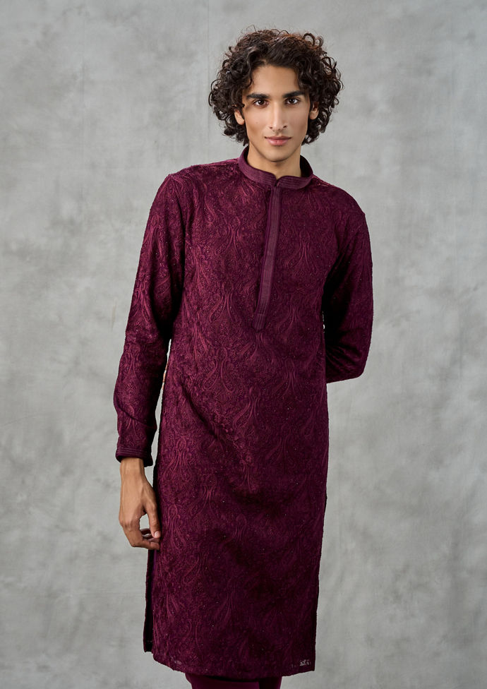 Twamev Men Lustrous Wine Kurta Churidar Ensemble