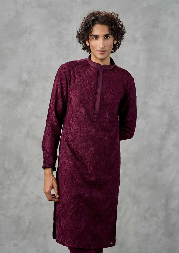 Twamev Men Lustrous Wine Kurta Churidar Ensemble