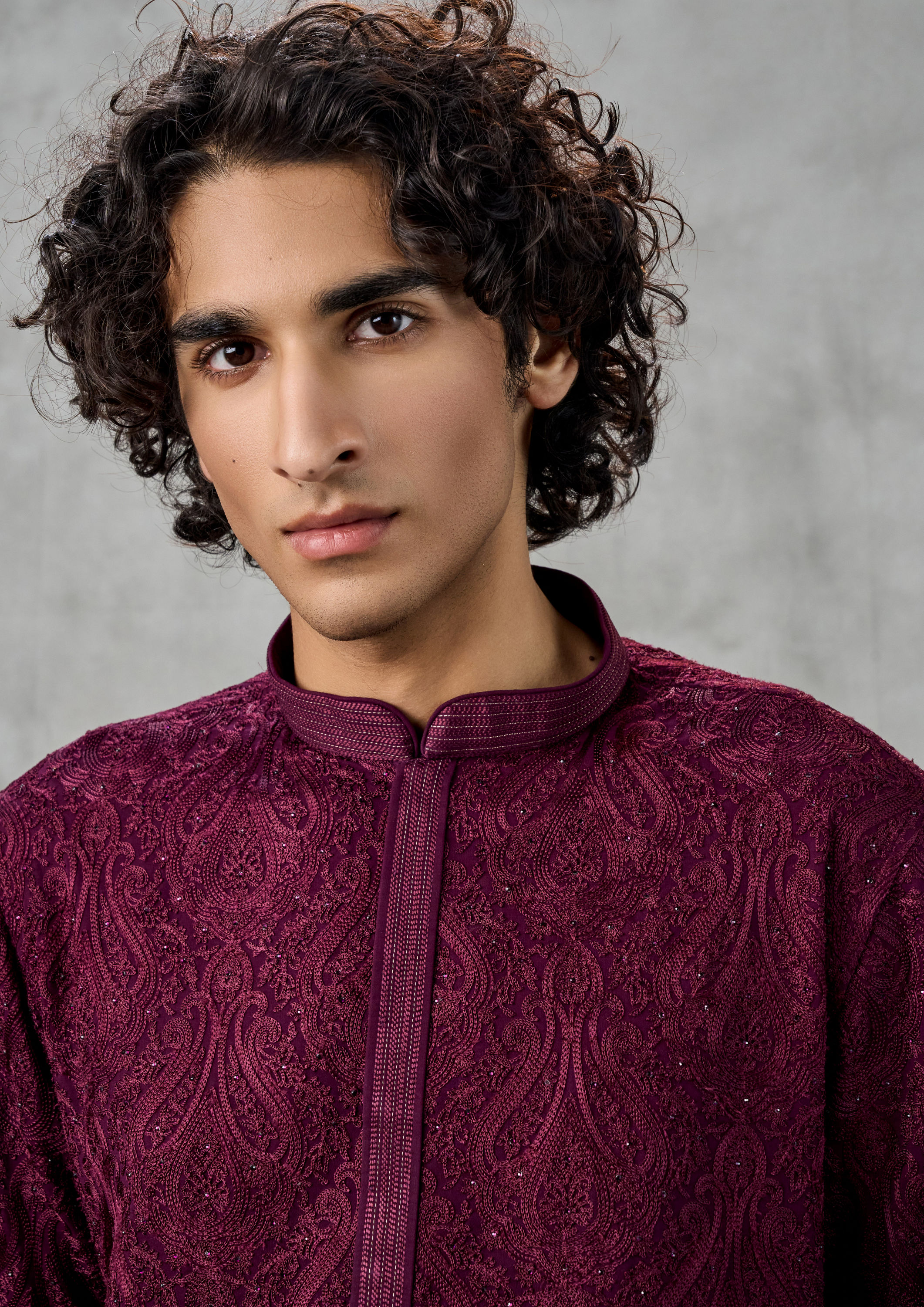 Twamev Men Lustrous Wine Kurta Churidar Ensemble