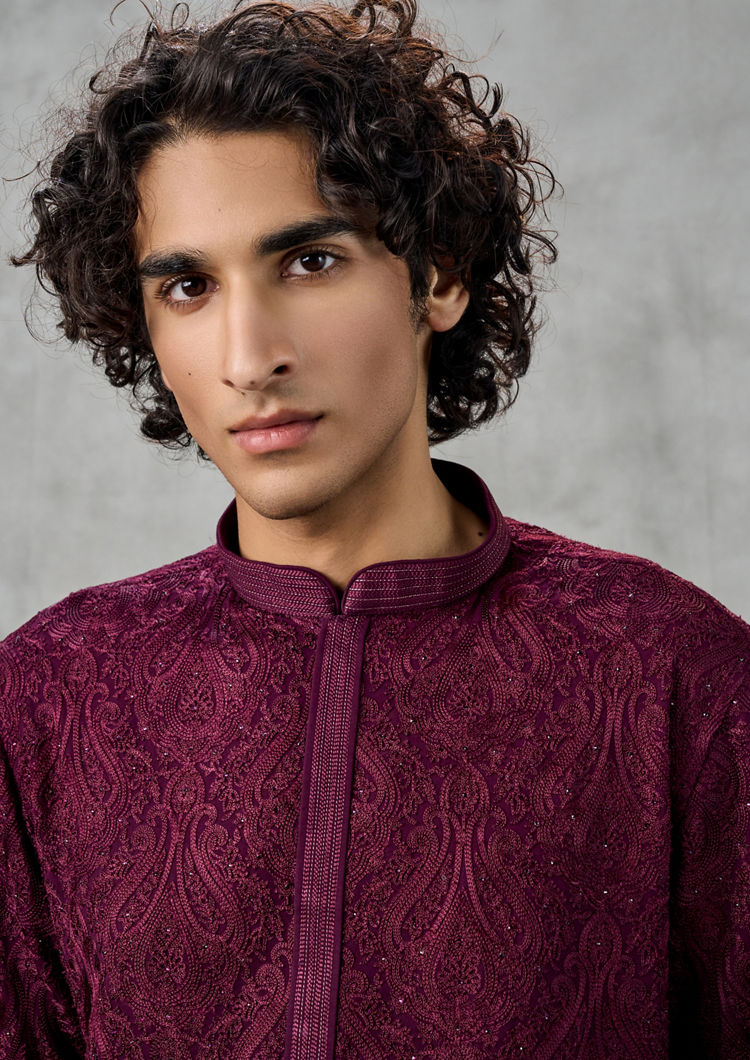 Twamev Men Lustrous Wine Kurta Churidar Ensemble